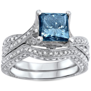 Blue Princess-Cut Diamond Engagement Ring with 2 2/5ct Total Diamond Weight in Yaffie White Gold