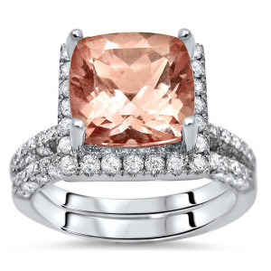 Pink Morganite & Diamond Halo Engagement Ring Set in White Gold by Yaffie