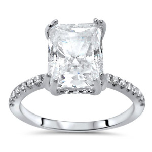 Radiant Moissanite and Diamond Engagement Ring in White Gold by Yaffie