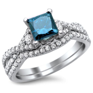 Blue and White Princess-Cut Diamond Bridal Set with 1 1/2ct TDW in Yaffie White Gold