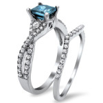 Blue and White Princess-Cut Diamond Bridal Set with 1 1/2ct TDW in Yaffie White Gold