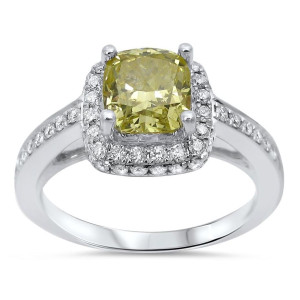 Fancy Yellow Diamond Halo Engagement Ring with 1 1/2ct TDW in Yaffie White Gold