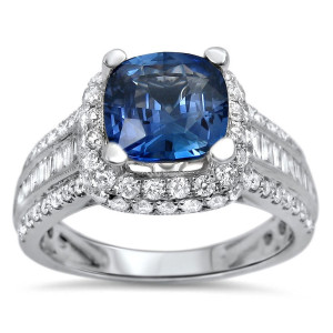 Blue Sapphire Diamond Engagement Ring with White Gold, 2 1/4 Carat TGW and Cushion Cut by Yaffie