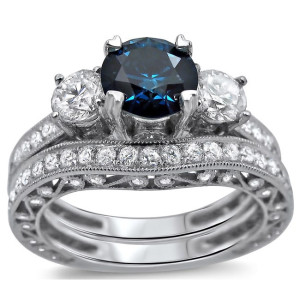 Sparkle with Yaffie White Gold Blue and White Diamond Bridal Ring Set