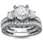 White Gold 3-Stone Diamond Engagement Ring Set with 2 1/4 Carat TDW Round Diamonds by Yaffie