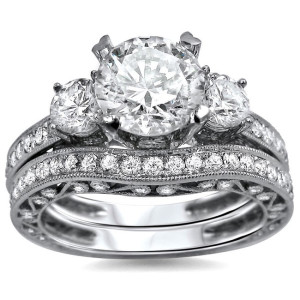 White Gold 3-Stone Diamond Engagement Ring Set with 2 1/4 Carat TDW Round Diamonds by Yaffie