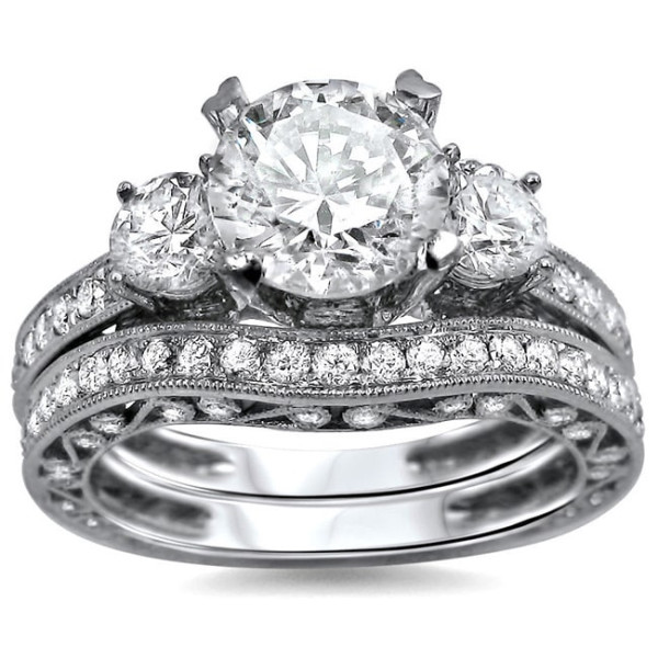 White Gold 3-Stone Diamond Engagement Ring Set with 2 1/4 Carat TDW Round Diamonds by Yaffie