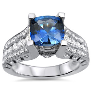 Blue Sapphire and Diamond Cushion-Cut Engagement Ring - Yaffie White Gold