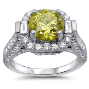 White Gold Engagement Ring with Round-cut Canary Yellow and White Diamonds (3ct) by Yaffie.