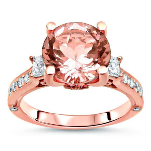 Rose Gold Engagement Ring with 3 Round Morganite Stones and 2 1/2 TGW Diamonds by Yaffie