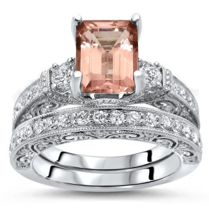 White Gold Engagement Ring Set with Emerald Morganite Diamond Trio - Yaffie 2 4/5 TGW