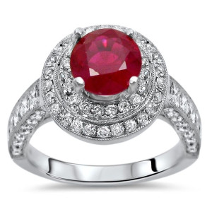 Sparkling Yaffie Double Halo Ruby and Diamond Engagement Ring (2ct TWG) in White Gold