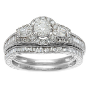 Yaffie 1ct TDW White Gold Bridal Ring Set with Mixed Cut Baguette Diamonds, IGL Certified