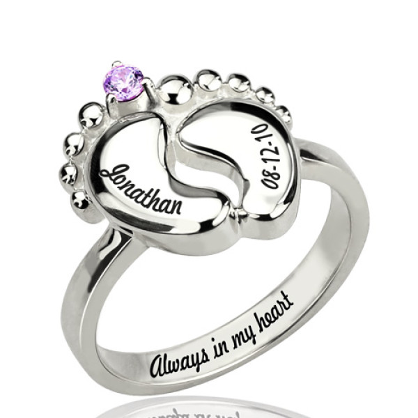 Yaffie ™ Custom-Made Personalised Engraved Baby Feet Ring with Birthstone