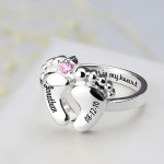 Yaffie ™ Custom-Made Personalised Engraved Baby Feet Ring with Birthstone