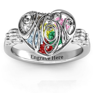 Yaffie ™ Custom Made Personalised Cursive Mom Ring with Caged Hearts and Butterfly Wings Band