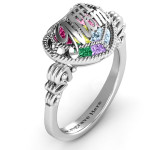 Yaffie™ Custom Made #1 Mom Caged Hearts Ring with Butterfly Wings Band, Personalised by Yaffie™