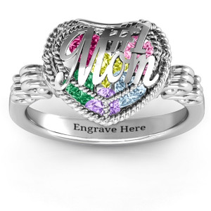 Yaffie™ Custom Made #1 Mom Caged Hearts Ring with Butterfly Wings Band, Personalised by Yaffie™