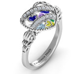 Yaffie ™ Custom-Made Personalised Ring - Sparkling Diamond Hearts in Caged Hearts Design with Butterfly Wings Band