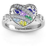 Yaffie ™ Custom-Made Personalised Ring - Sparkling Diamond Hearts in Caged Hearts Design with Butterfly Wings Band