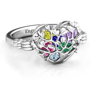 Customizable Family Tree Ring with Caged Hearts and Butterfly Wings by Yaffie ™ - Personalised Jewellery