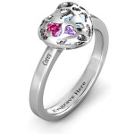 Yaffie ™ Custom Made Personalised Heart Cutout Petite Caged Hearts Ring - Featuring Classic Engravings Band