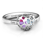 Yaffie ™ Custom Made Personalised Heart Cutout Petite Caged Hearts Ring - Featuring Classic Engravings Band