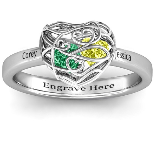 Yaffie ™ Custom Made Petite Caged Hearts Ring with Classic Band - Personalised and Encased in Love
