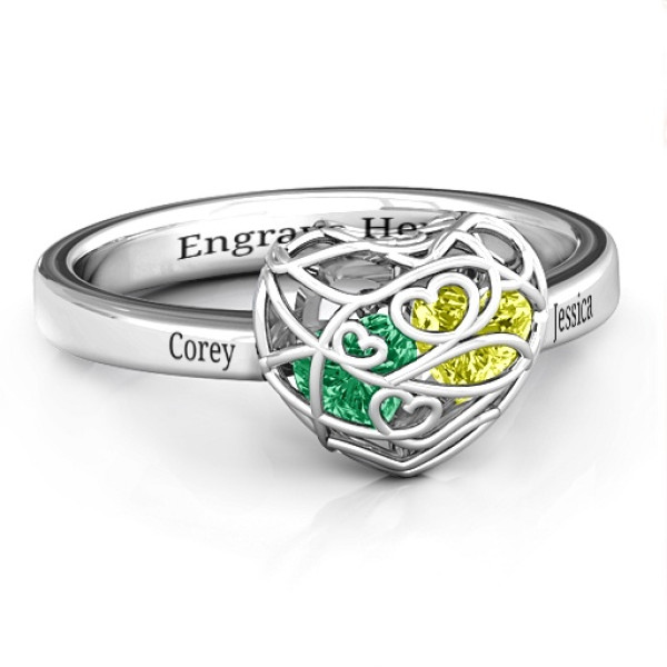 Custom-made Petite Caged Hearts Ring with Engravings Band: Personalised Encased in Love - By Yaffie ™