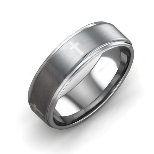 Yaffie ™ Custom-Made Personalised Tungsten Ring for Men with Brushed Centre and Cross Design